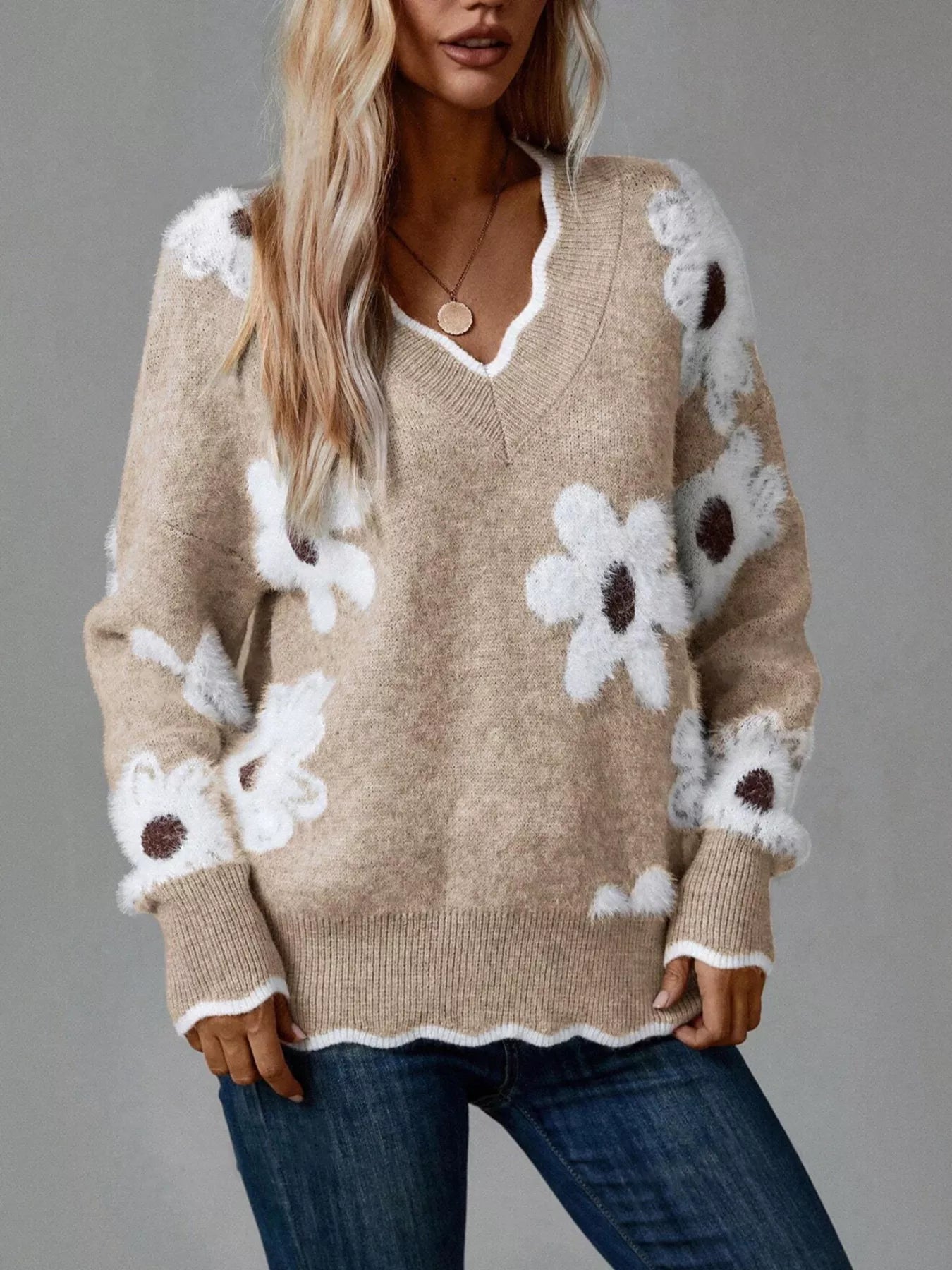 Floral V-Neck Long Sleeve Sweater 