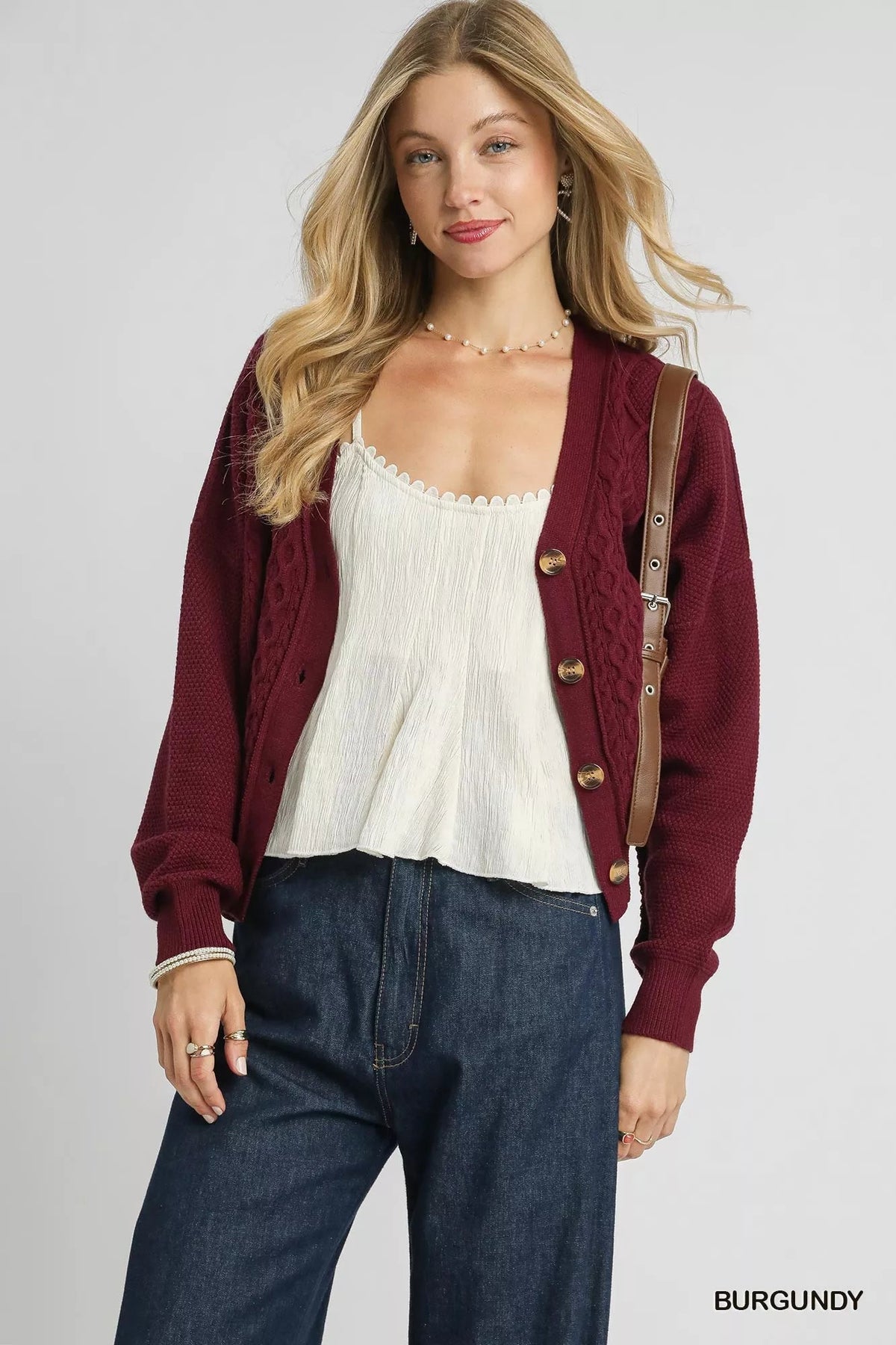 Umgee Chunky Cable Knit V-Neck Button-Up Cardigan 