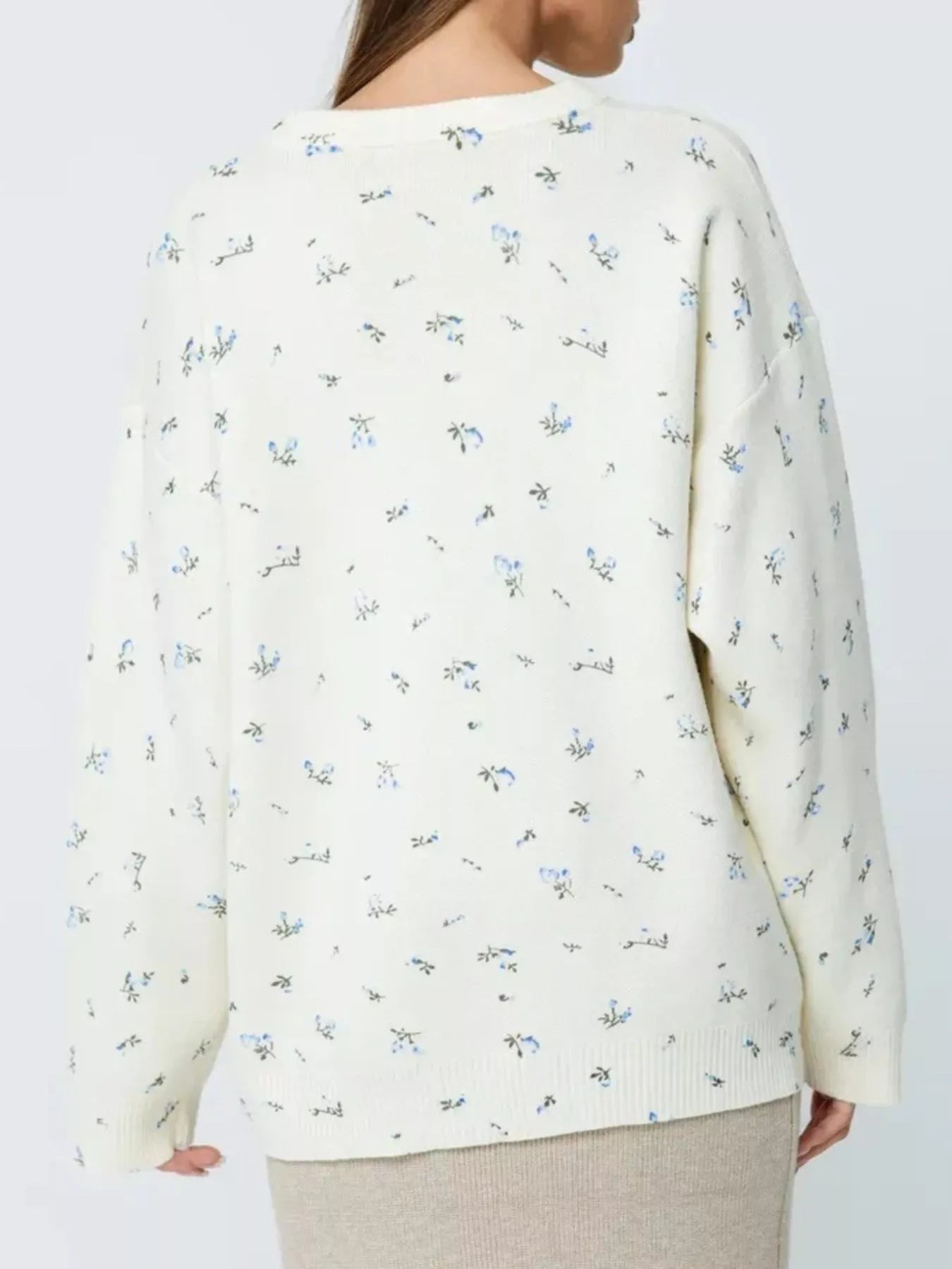 Ribbed Hem Floral Long Sleeve Sweater 