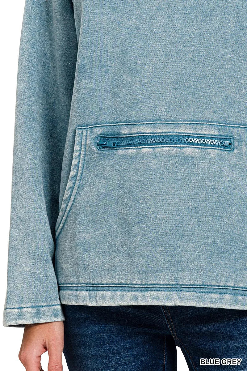 Zenana Fleece Washed High Neck Kangaroo Pocket Sweatshirt 