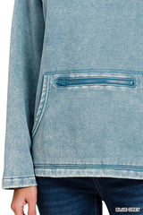 Zenana Fleece Washed High Neck Kangaroo Pocket Sweatshirt 