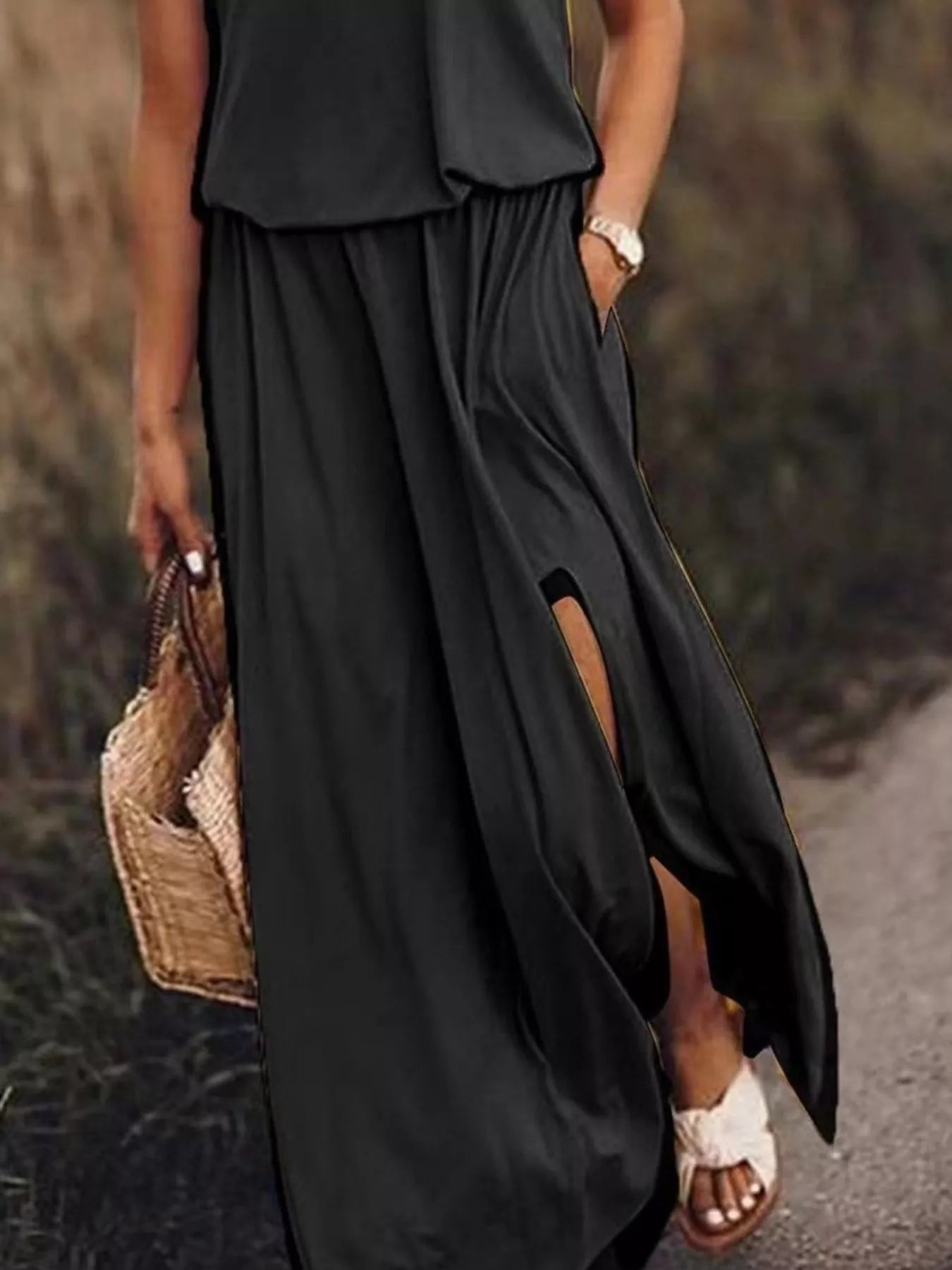 Full Size Round Neck Sleeveless Slit Maxi Dress Plus Size 