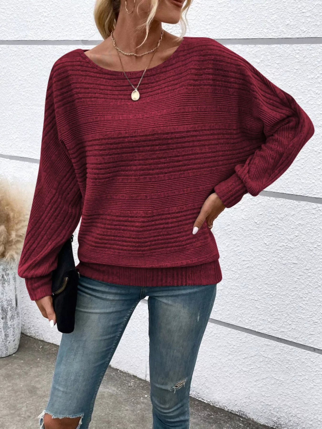 Ribbed Round Neck Long Sleeve Top 