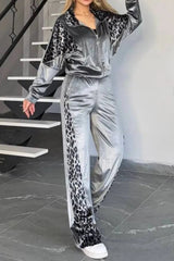 Full Size Collared Neck Leopard Zip Up Top and Pants Set Plus Size 
