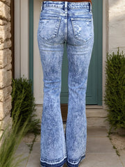 Distressed Button-Fly Bootcut Jeans with Pockets 