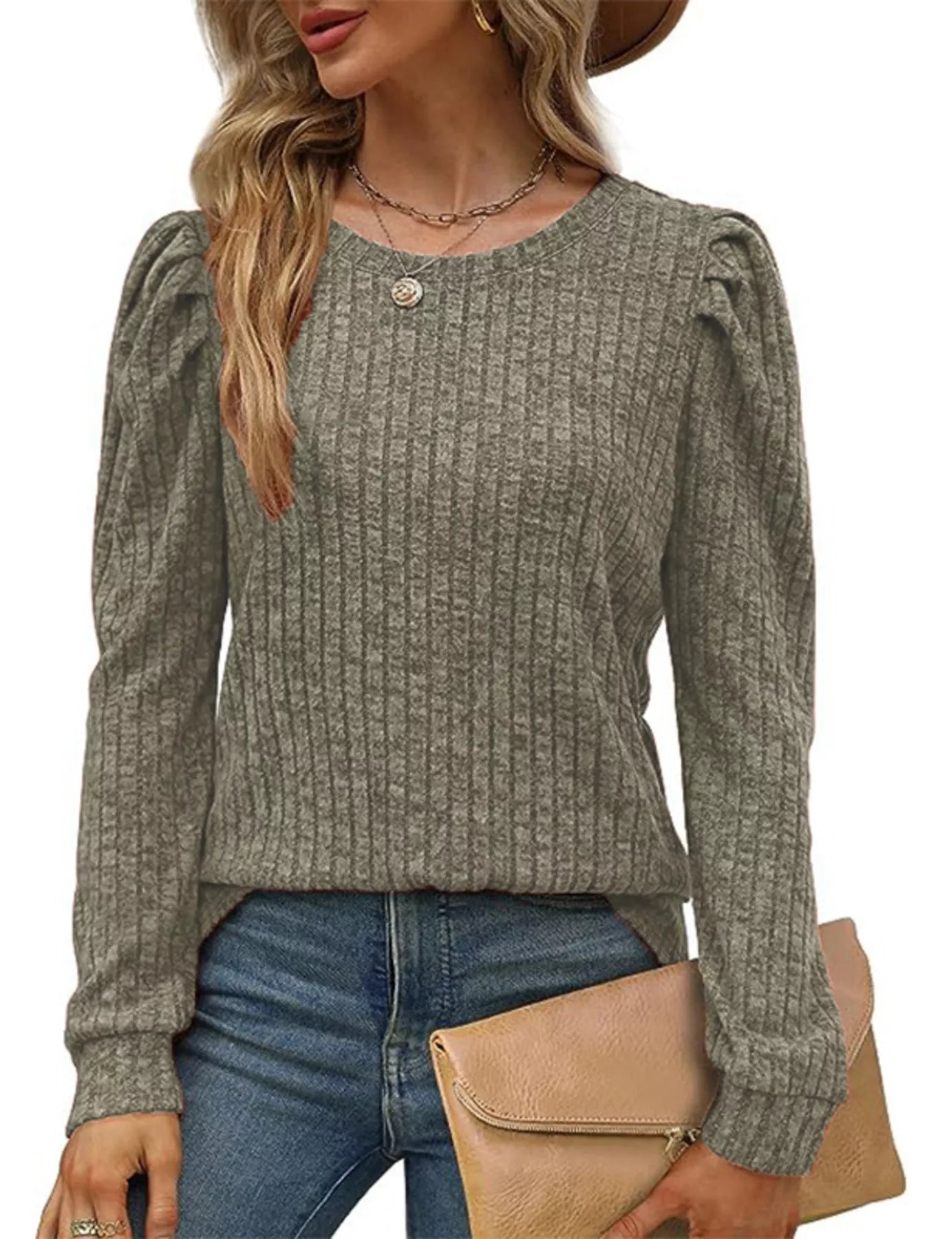 Ribbed Knit Top with Puff Sleeves 