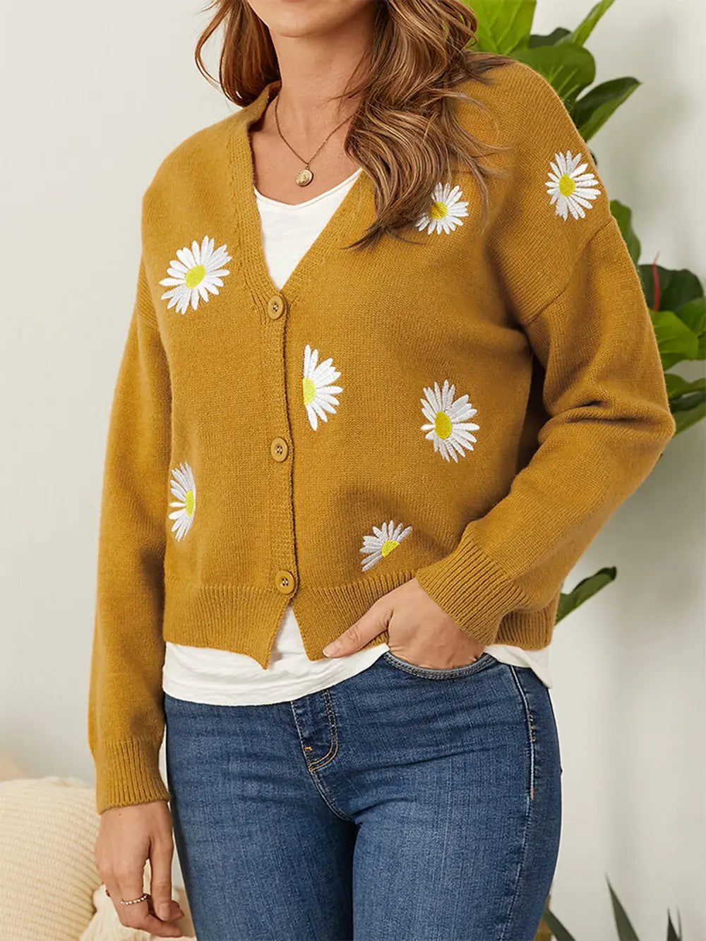 Flower Button Front Dropped Shoulder Cardigan 