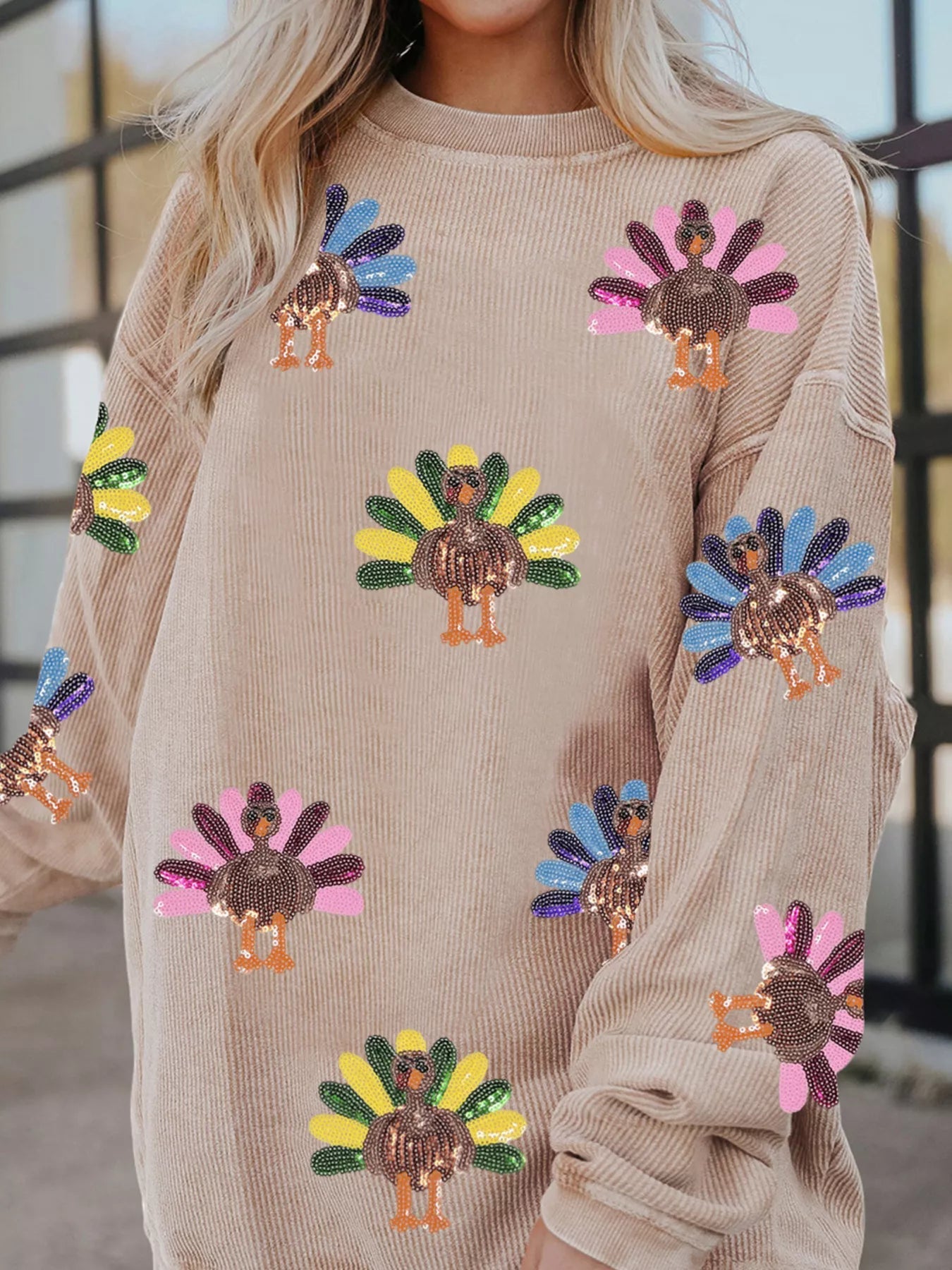 Full Size Turkey Graphic Corded Baggy Sweatshirt Plus Size 