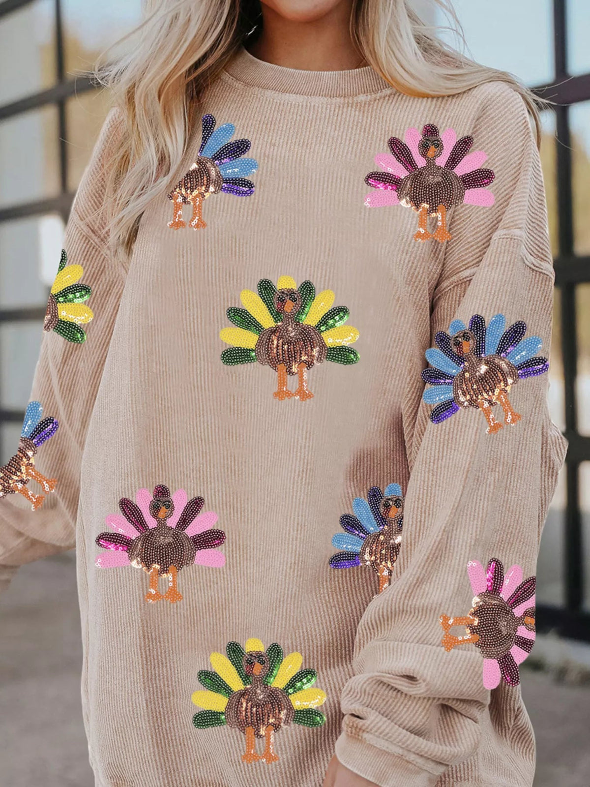Full Size Turkey Graphic Corded Baggy Sweatshirt Plus Size 