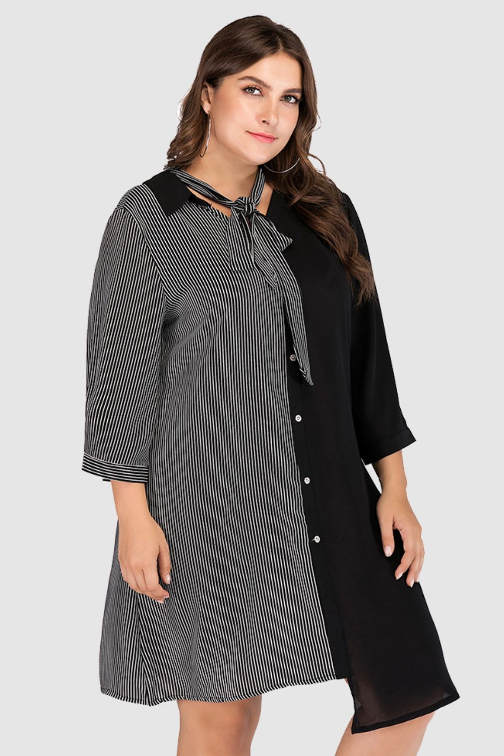 Plus Size Striped Color Block Tie-Neck Dress 