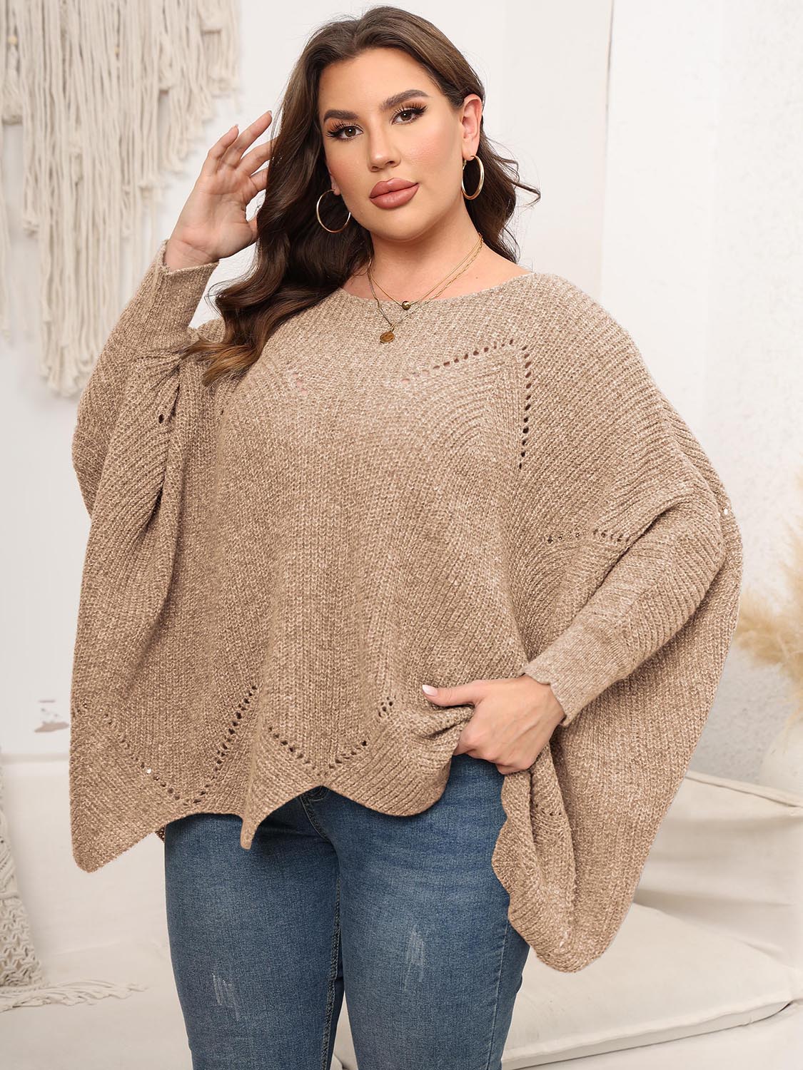 Plus Size Round Neck Batwing Sleeve Sweater 