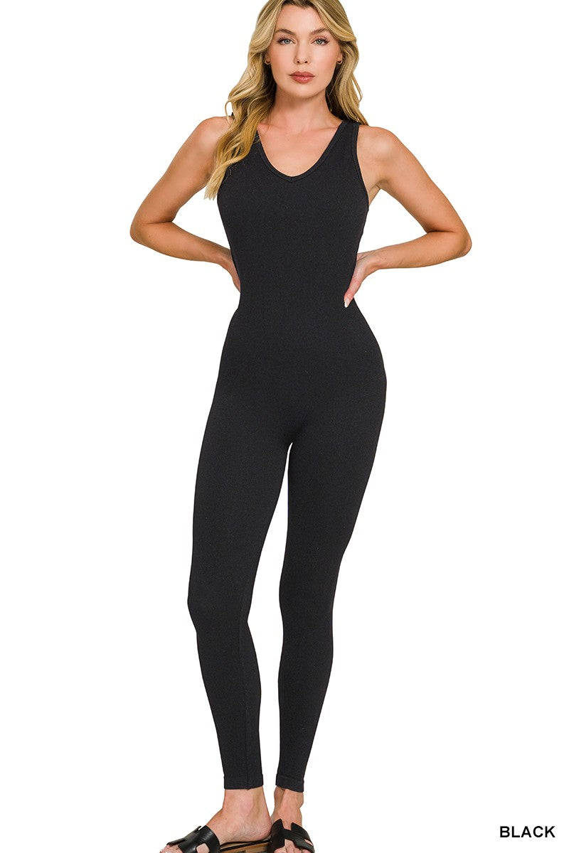 Zenana Ribbed Bra Padded Sports Seamless Bodysuit 