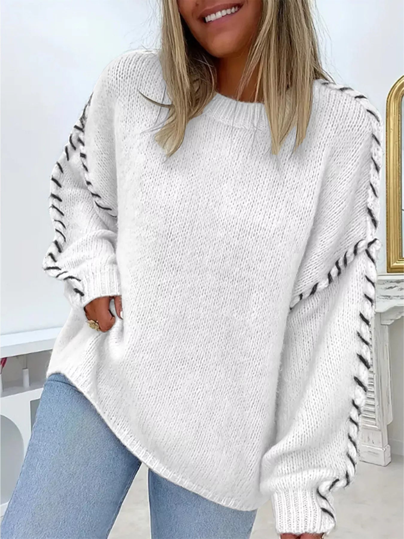 Contrast Stitching Dropped Shoulder Sweater 