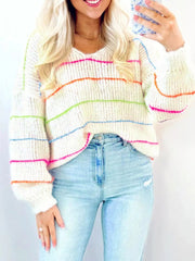 Colorful Striped Detail V Neck Drop Shoulder Baggy Sweater 