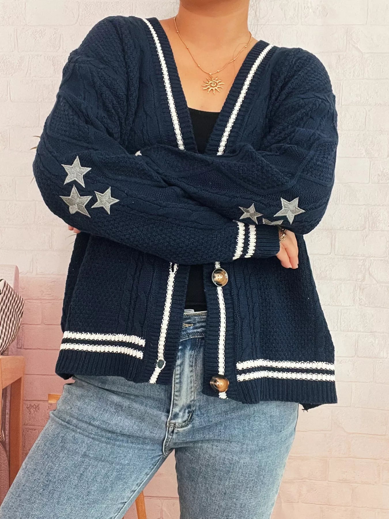 Star Pattern Button-Up Cardigan with Contrast Trim 