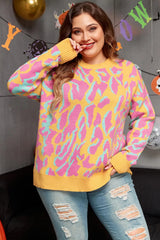 Plus Size Contrast Round Neck Long Sleeve Sweater 