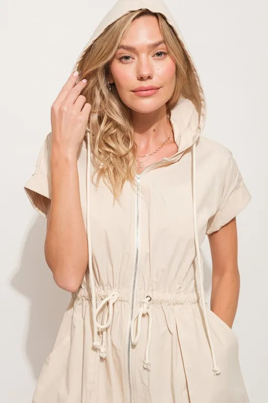 And The Why Short Sleeve String Details Hooded Mini Dress 