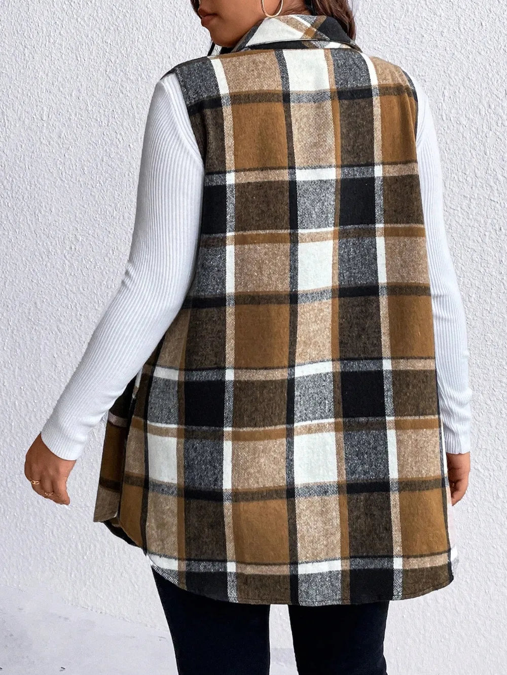 Honey Plus Size Pocketed Plaid Button Up Vest Coat 