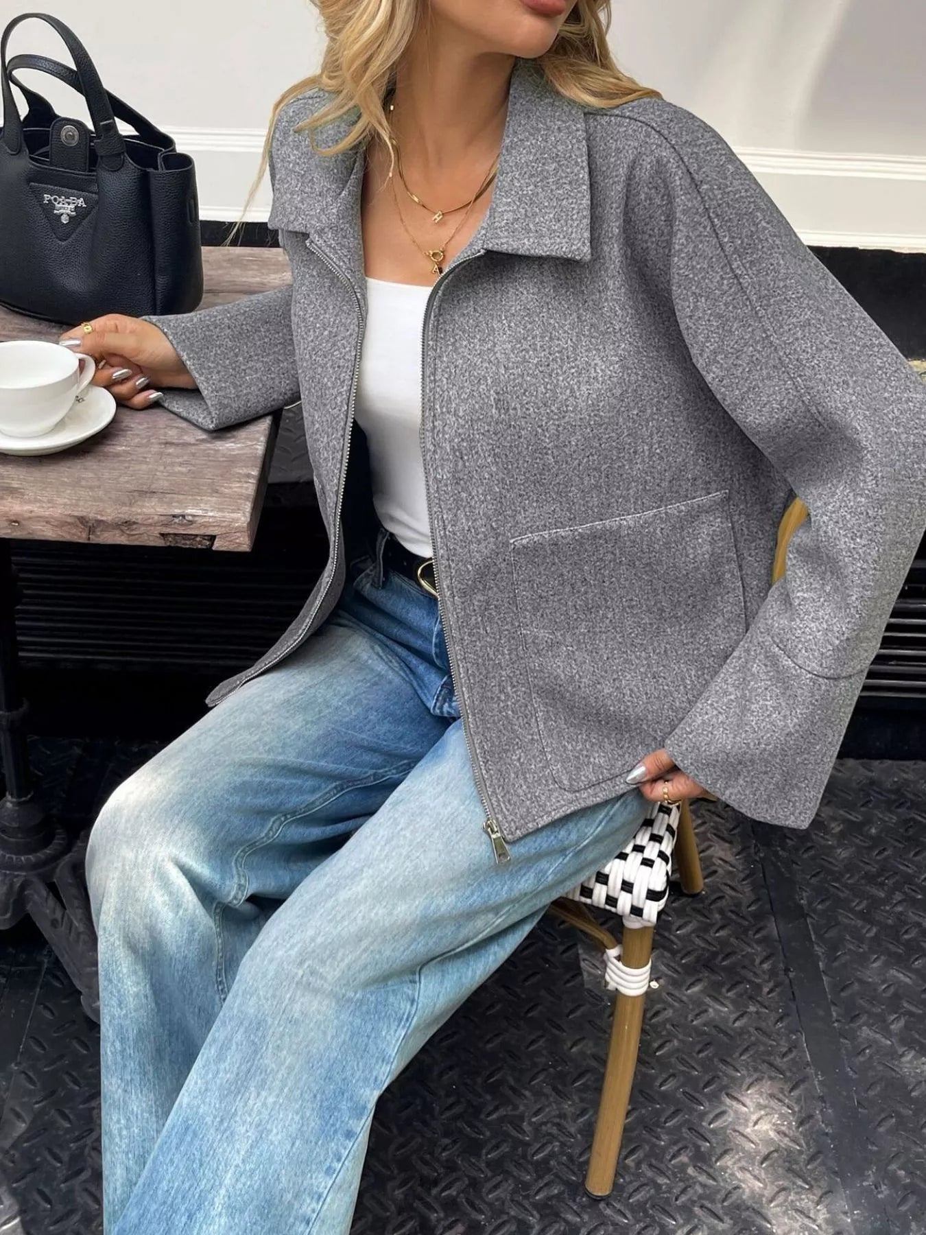 Oversized Collared Neck Zip-Up Jacket 