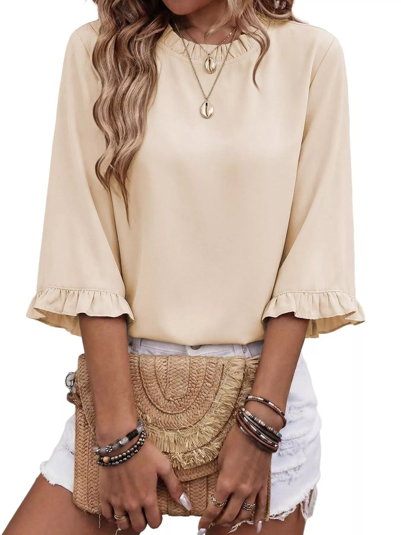 Ruffle Trim Half Sleeve Blouse 