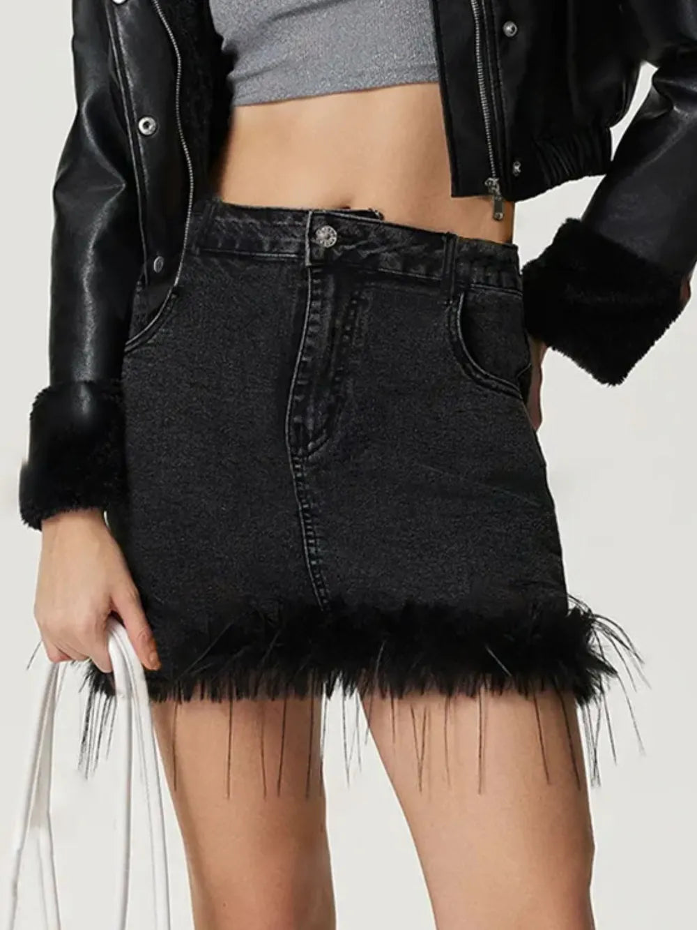 Plush Hem Mini Denim Skirt 