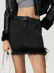 Plush Hem Mini Denim Skirt 