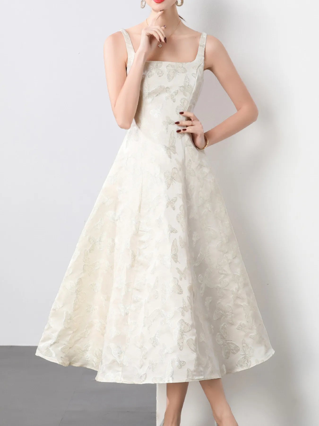 Butterfly Pattern A-Line Sleeveless Midi Dress 