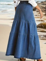 Tiered Maxi Denim Skirt with Zipper Detail 