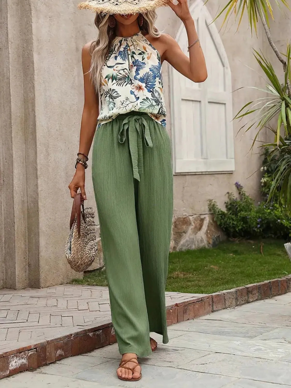 Printed Tank Top and Wide Leg Pants Set 