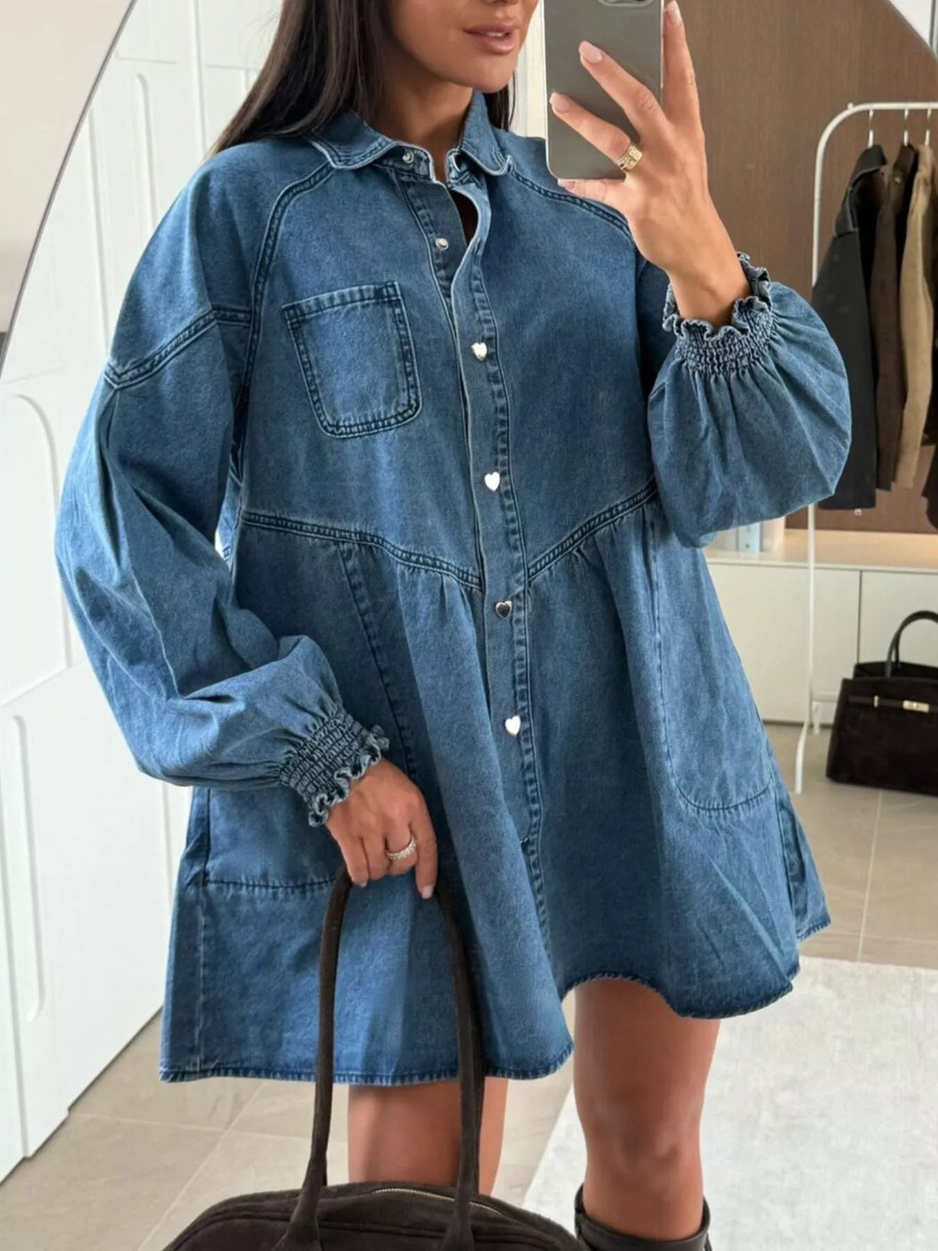 Button Down Mini Denim Dress with Front Pockets 