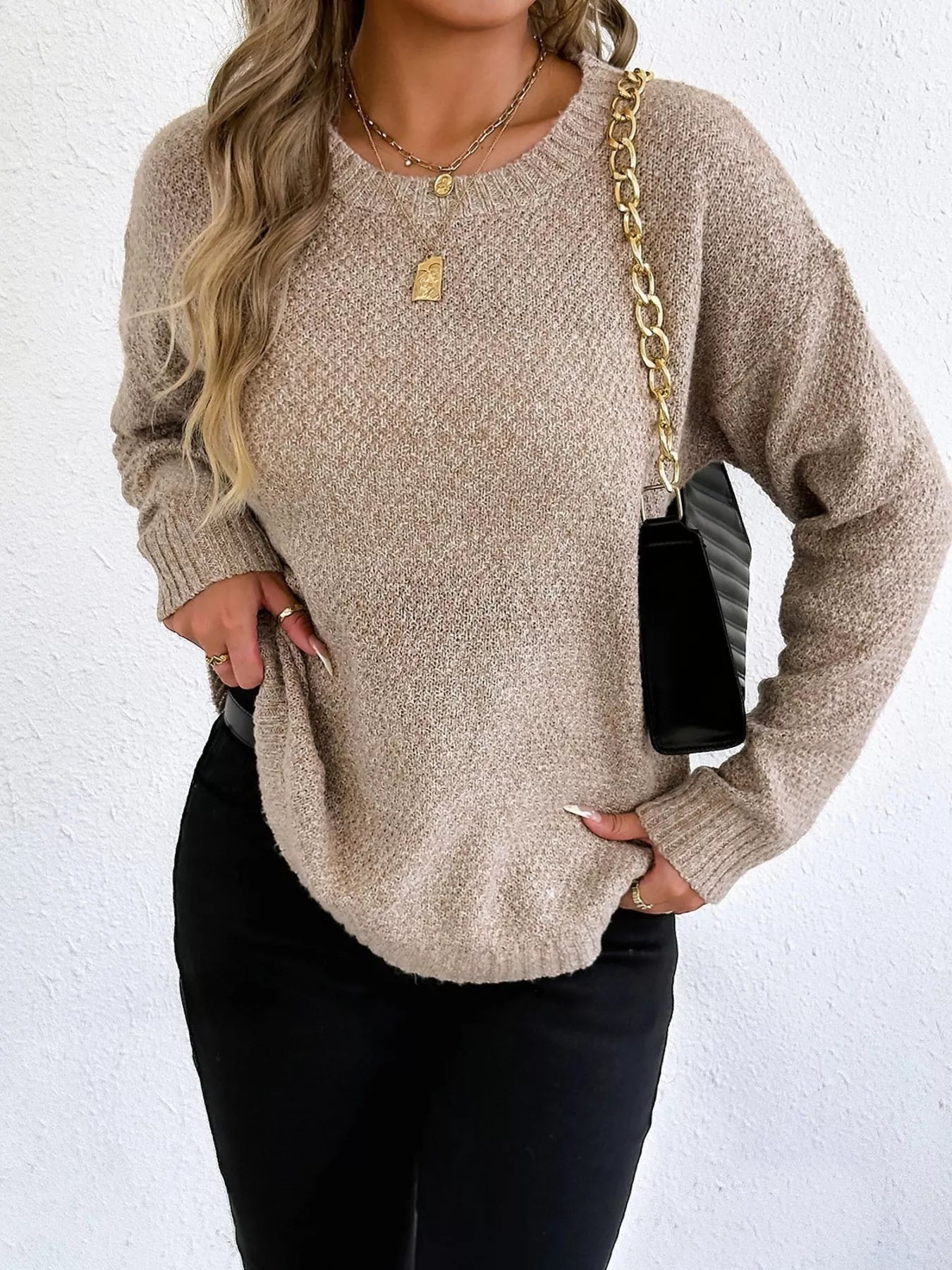 Textured Knit Relaxed Fit Round Neck Sweater 