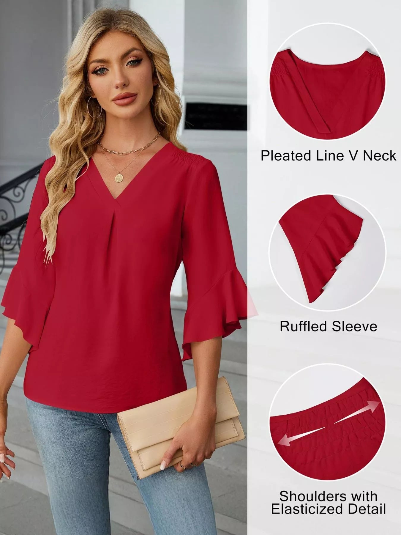 V-Neck Ruffle Sleeve Blouse 