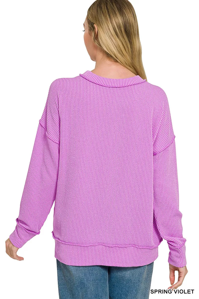 Zenana Corded Rib Long Sleeve Round Neck Top 