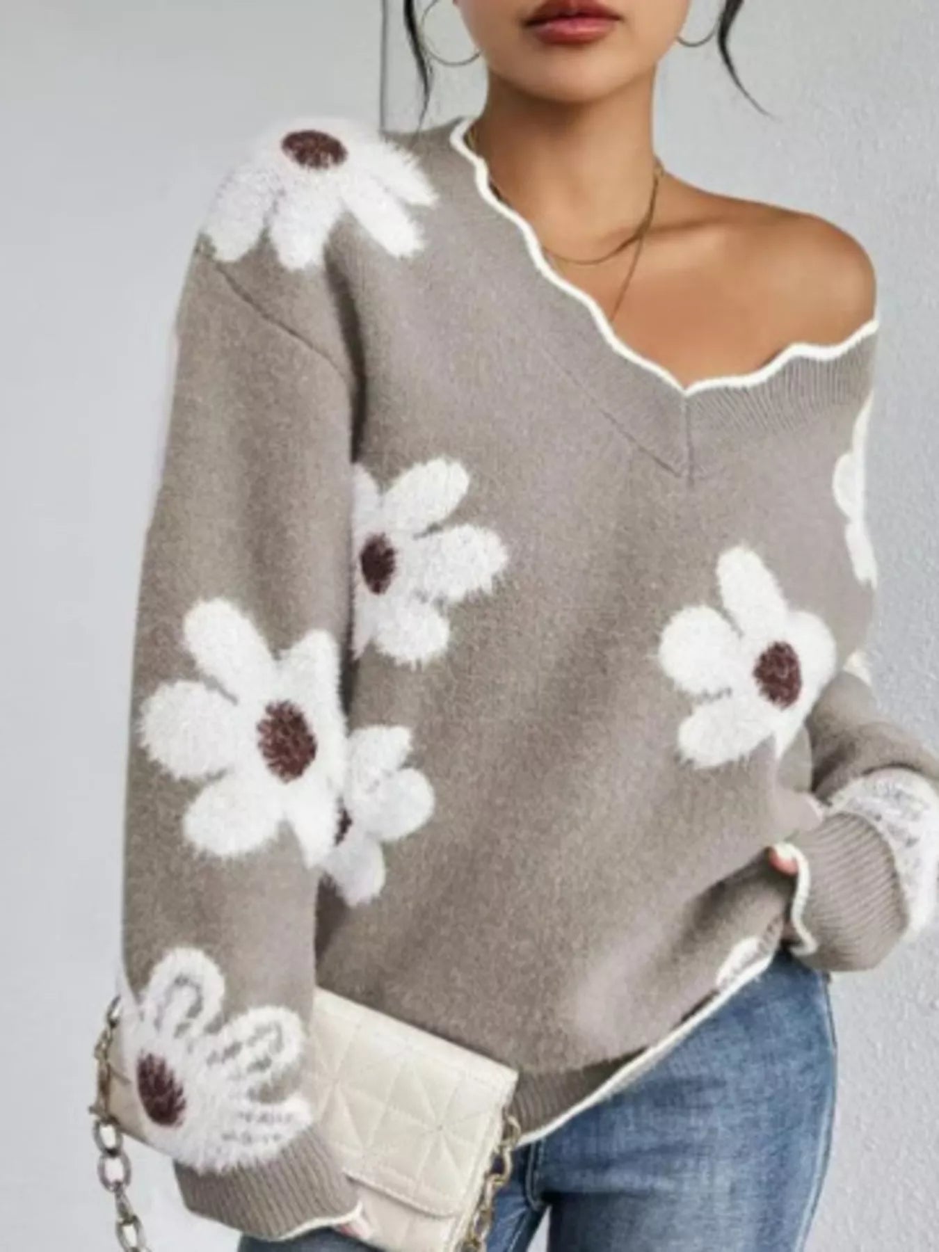 Floral V-Neck Long Sleeve Sweater 