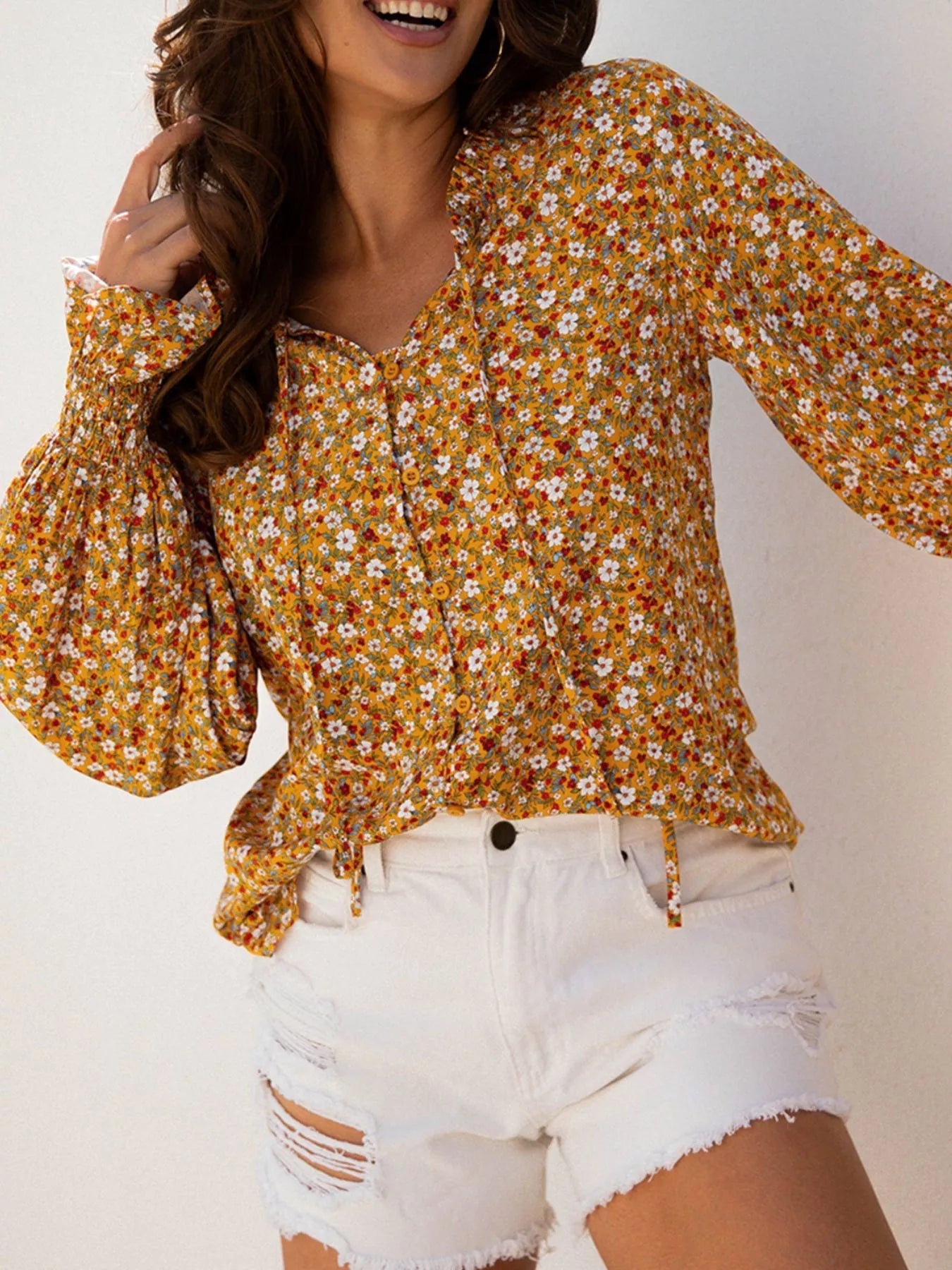 Floral Ruffled Bubble Sleeve Tie Neck Blouse 