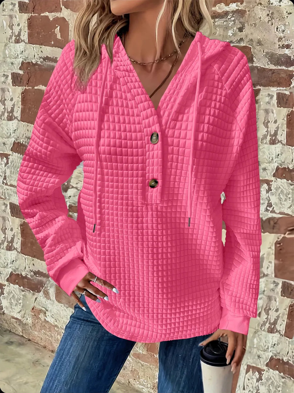 Full Size Texture Button Detail Drawstring Long Sleeve Hoodie 