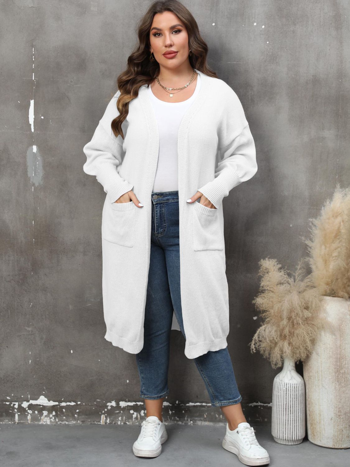 Plus Size Long Sleeve Pocketed Cardigan 