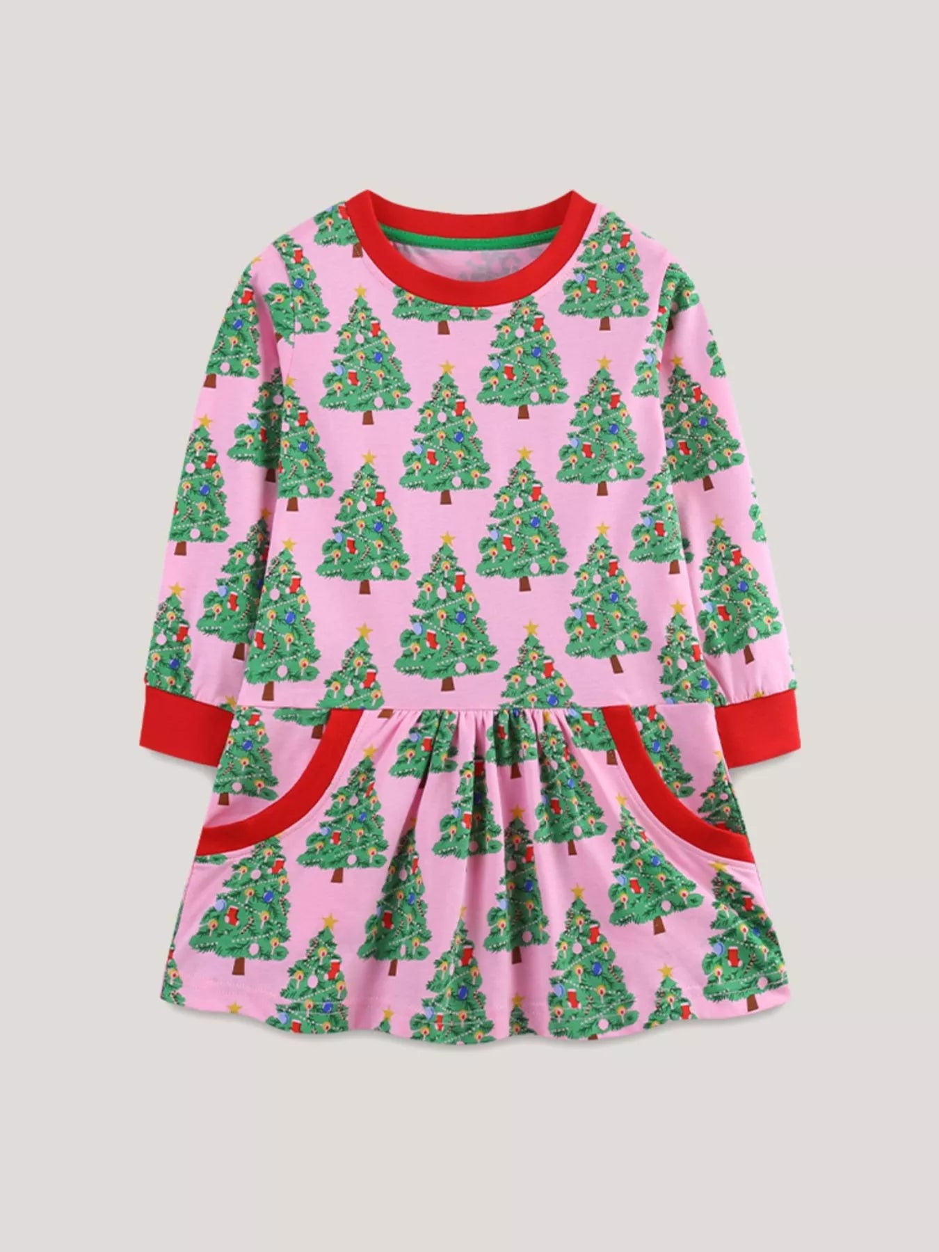 Children's Christmas Tree Print Long Sleeve Dress 