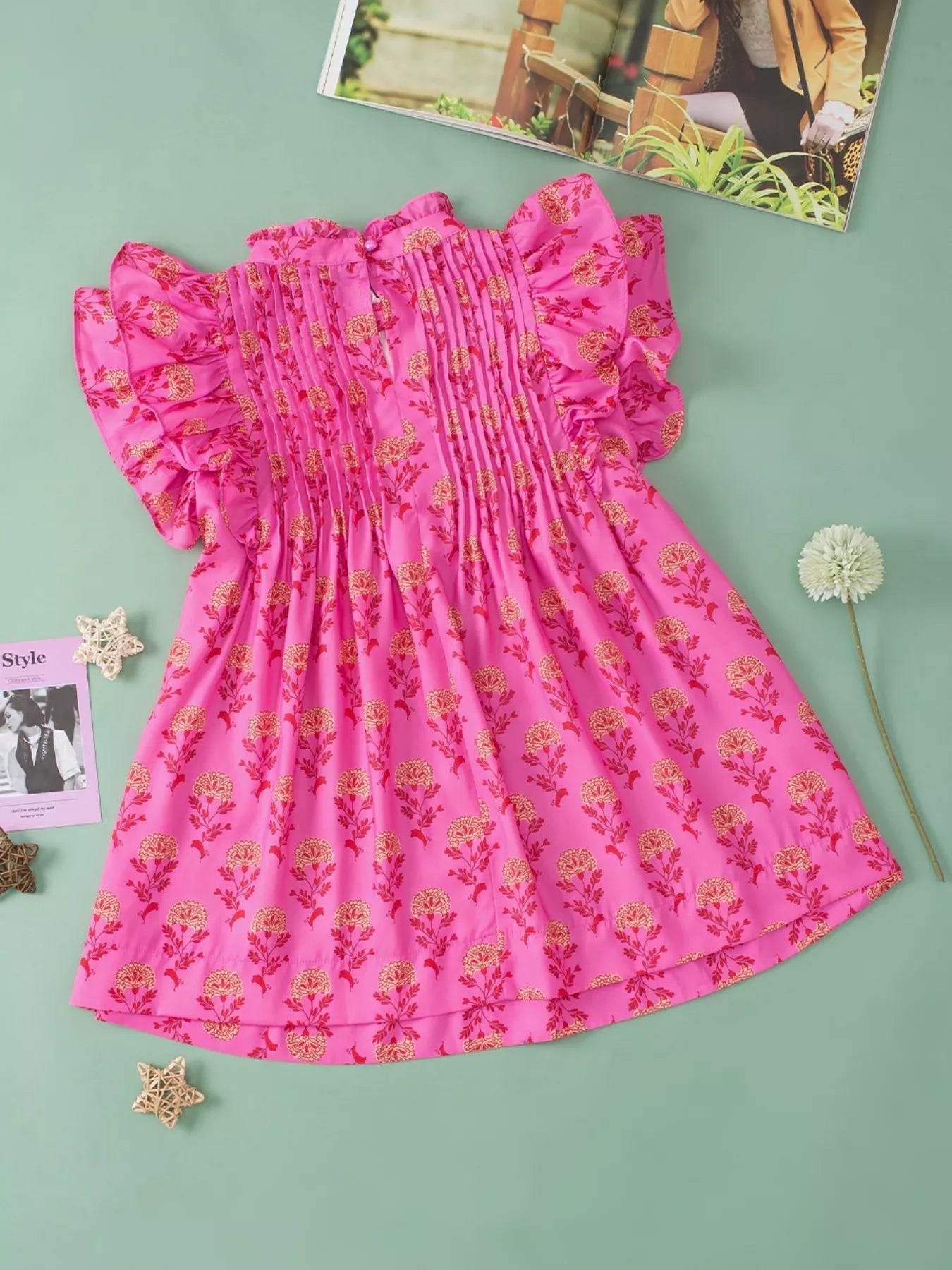 Floral Print Pleated Ruffled Flutter Sleeve Blouse 