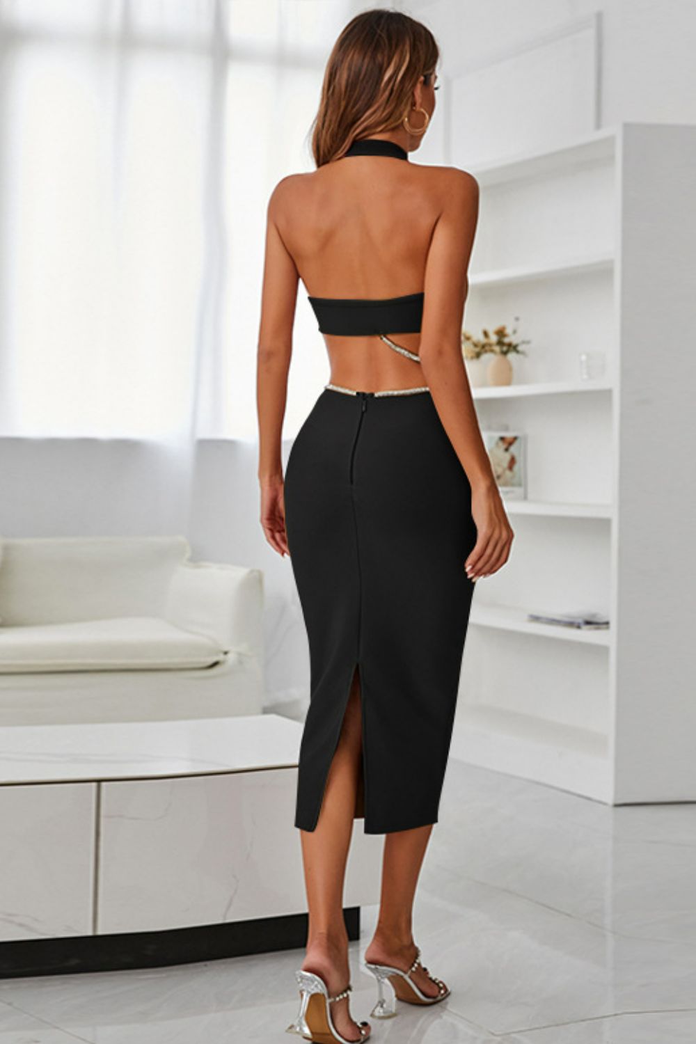 Rhinestone Halter Neck Cutout Slit Midi Dress 