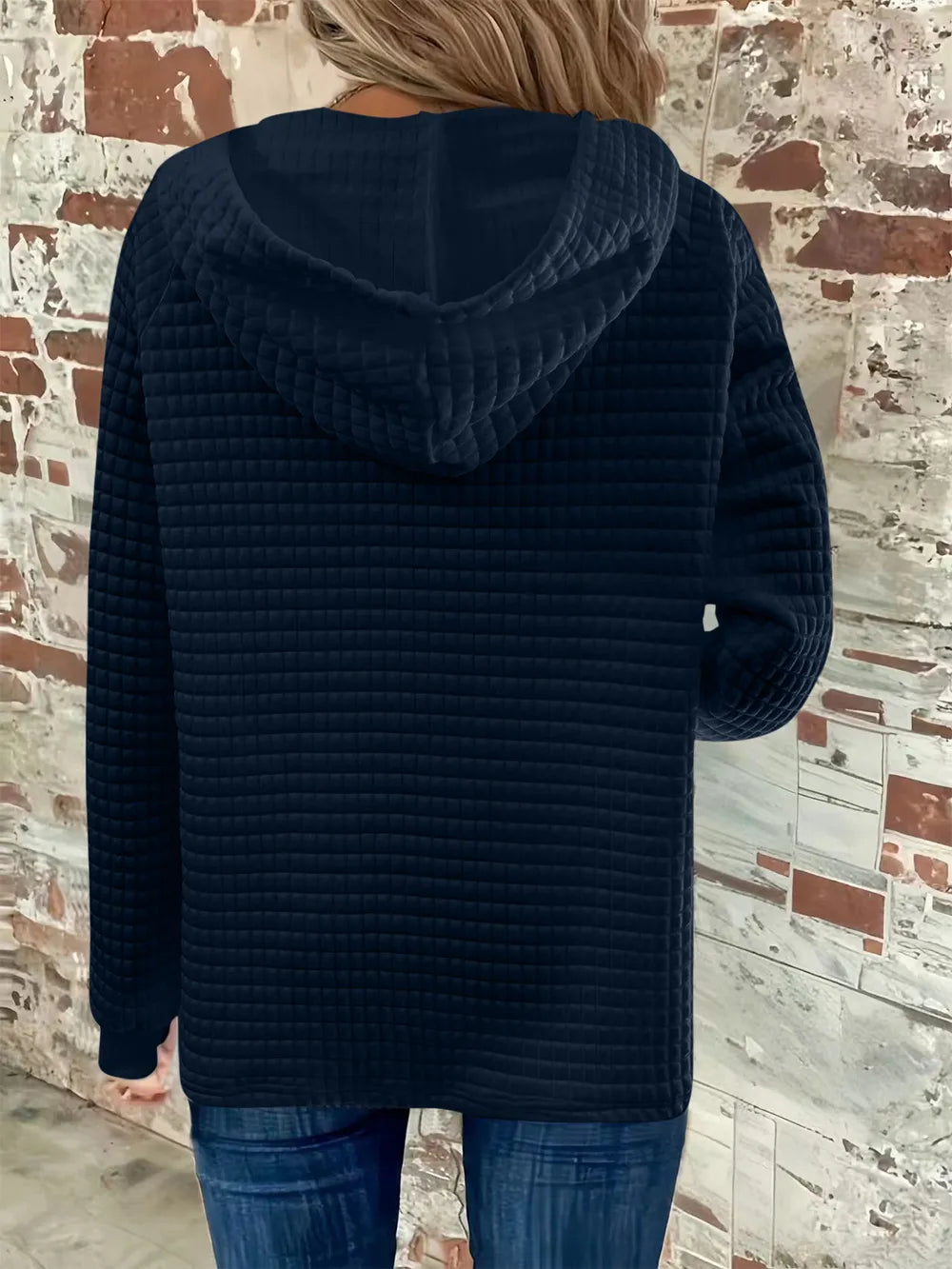 Full Size Texture Button Detail Drawstring Long Sleeve Hoodie 