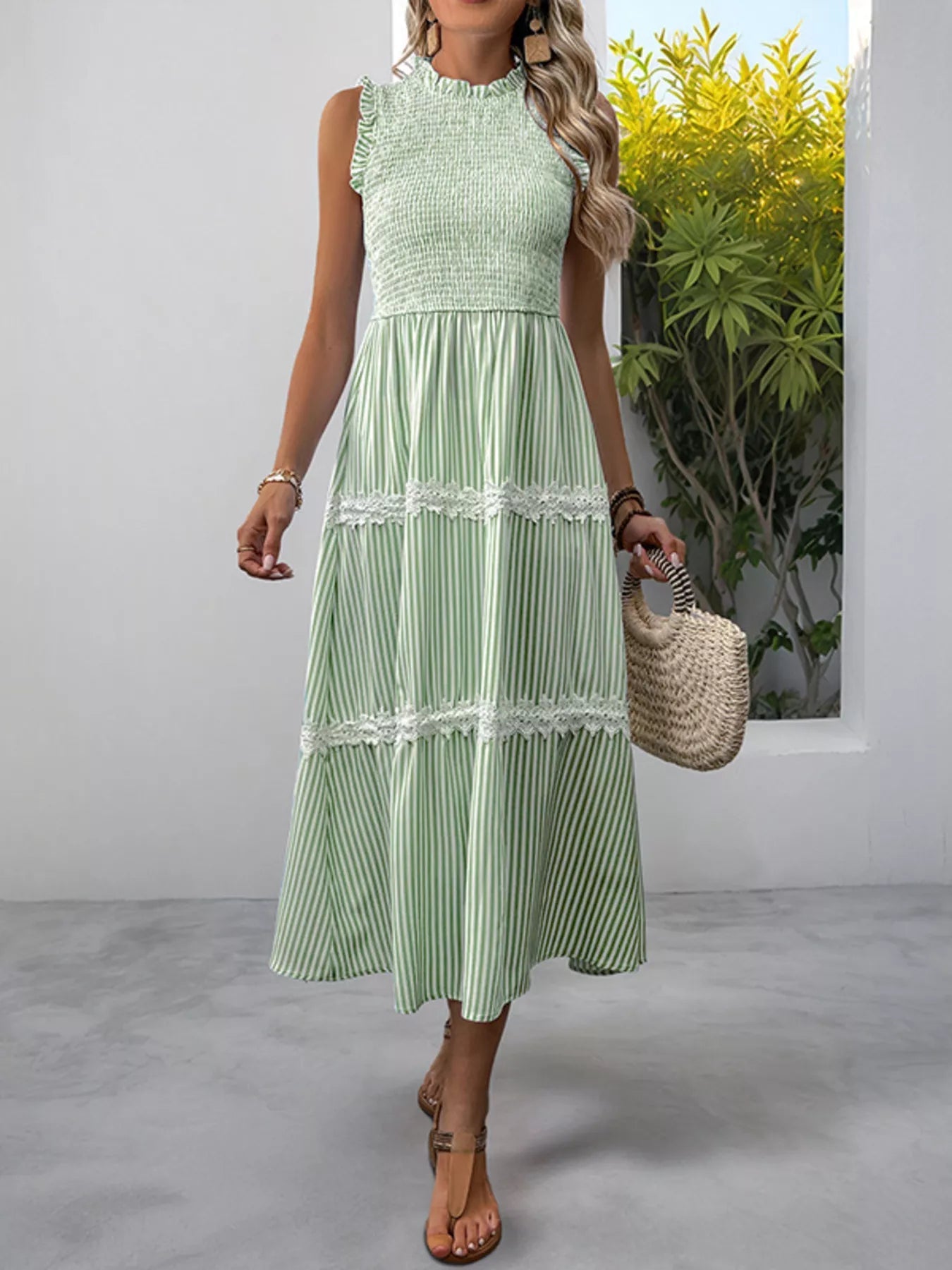 Smocked Striped Lace Trim Sleeveless Midi Dress 