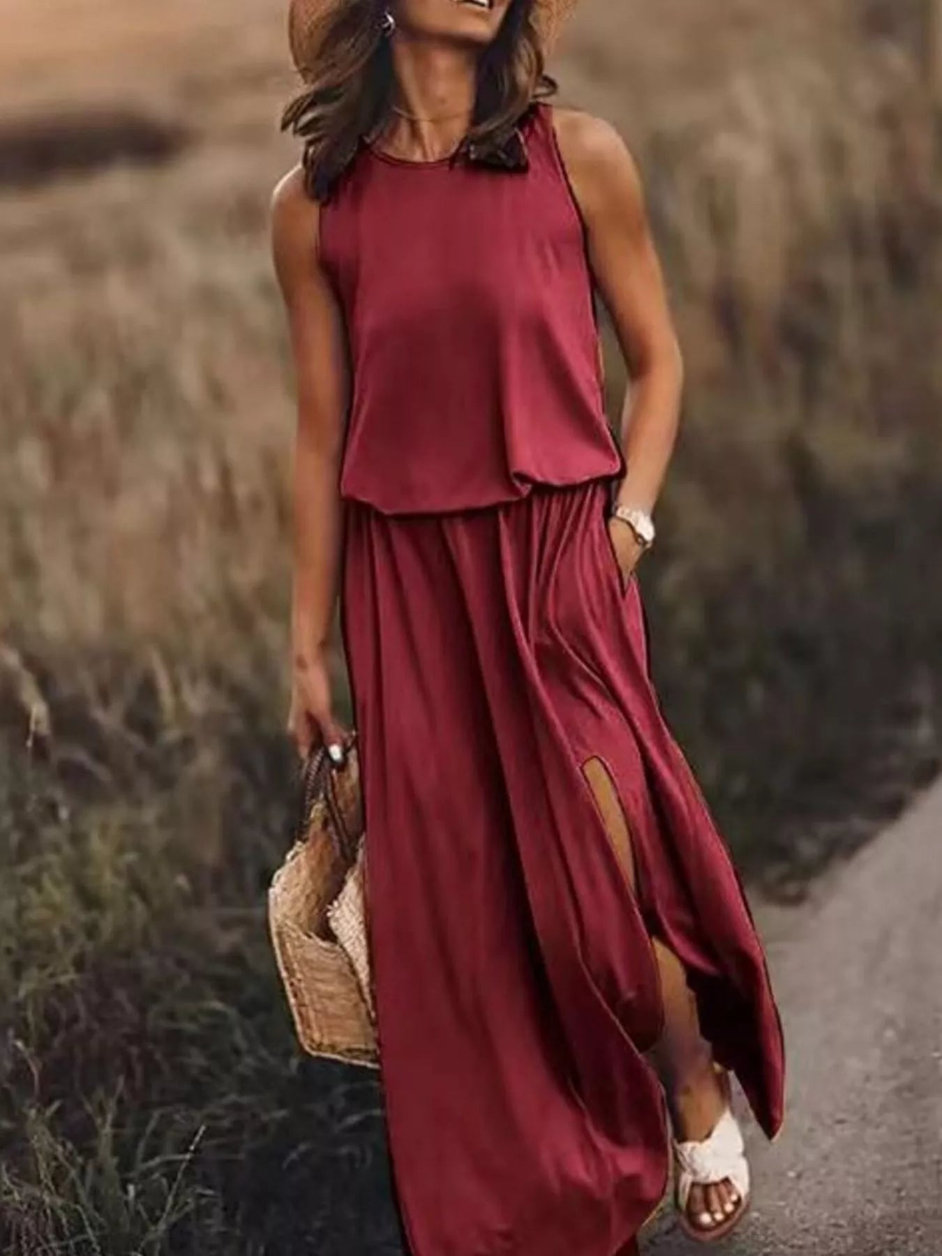 Full Size Round Neck Sleeveless Slit Maxi Dress Plus Size 