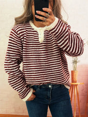 Striped Button Detail Long Sleeve Sweater 