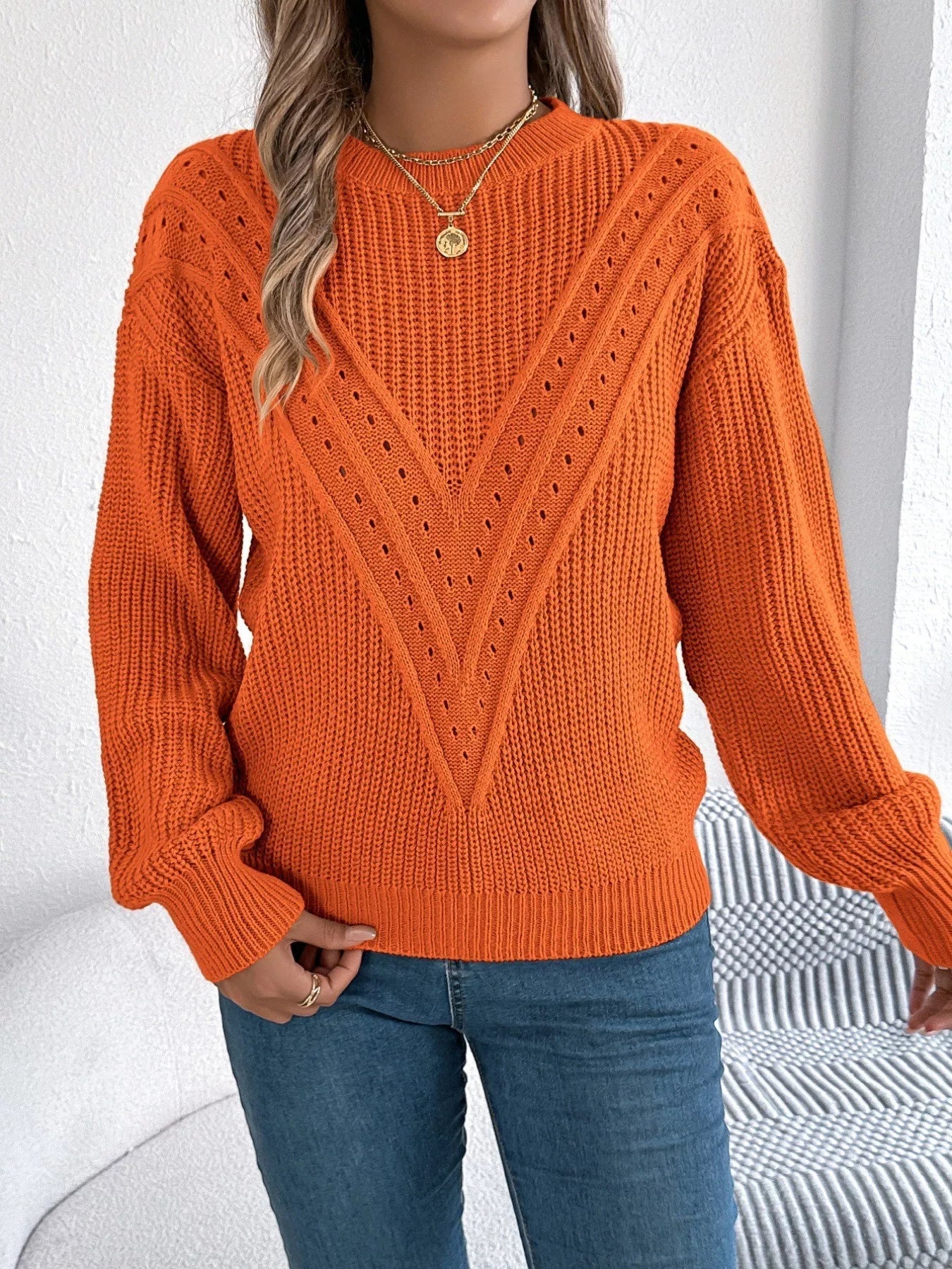 Openwork Round Neck Sweater 