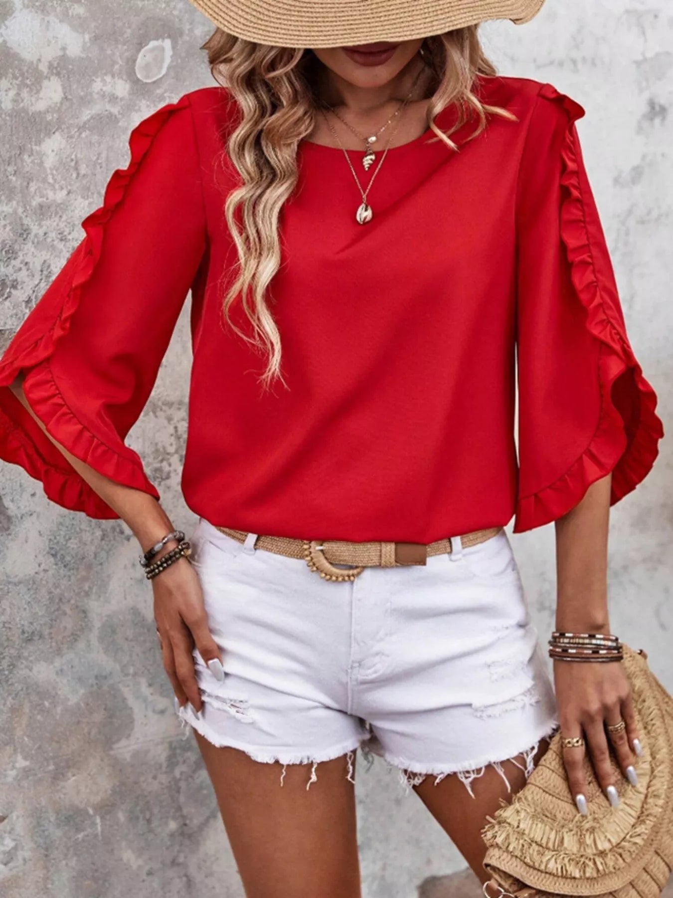 Ruffle Sleeve Solid Color Blouse 