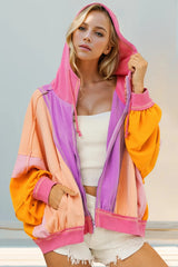 Double Take Full Size Color Block Zip Up Hoodie 