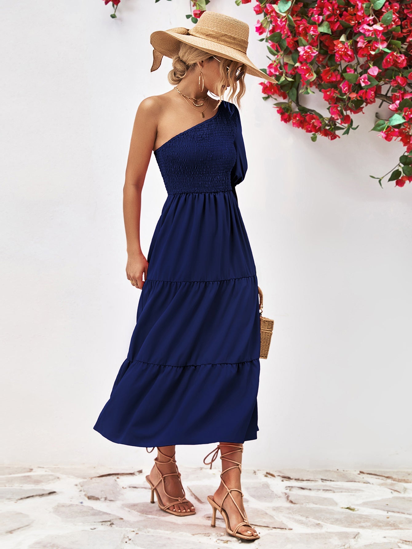 Smocked One-Shoulder Midi Dress 
