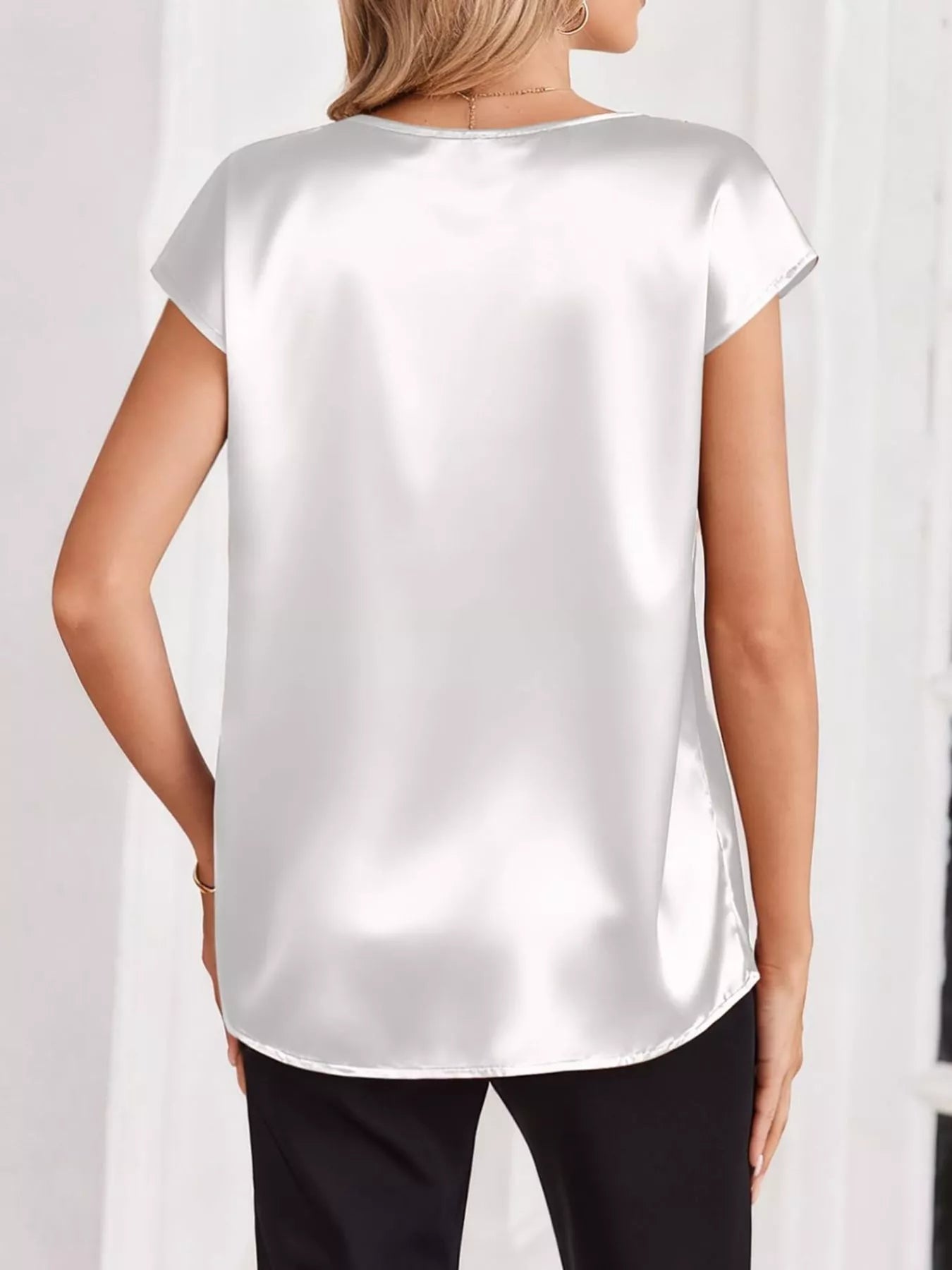 Satin V-Neck Cap Sleeve Blouse 