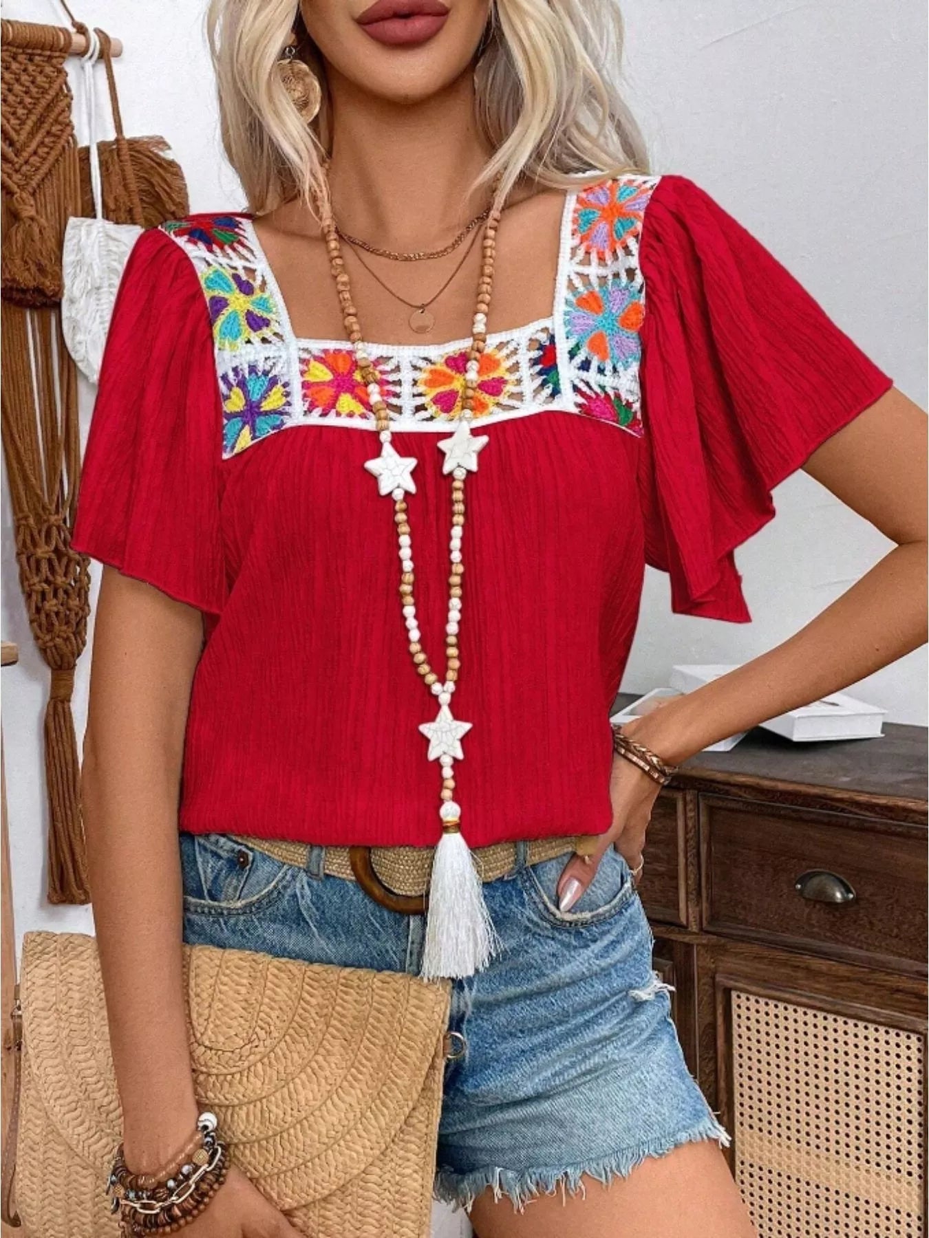 Embroidered Square Neck Flutter Sleeve Blouse 